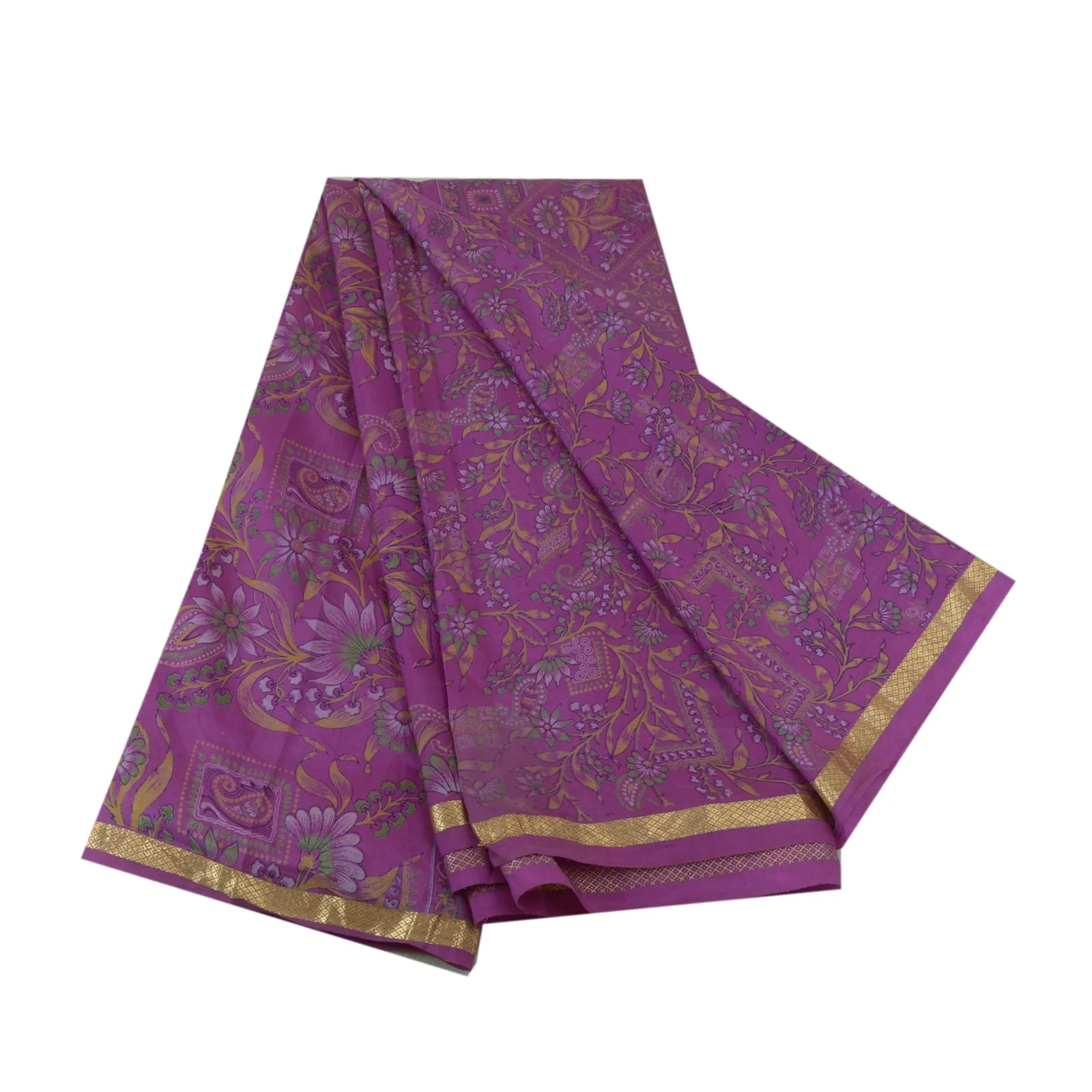 Sanskriti Vintage Sarees Purple Zari Border Pure Silk Printed Sari Craft Fabric