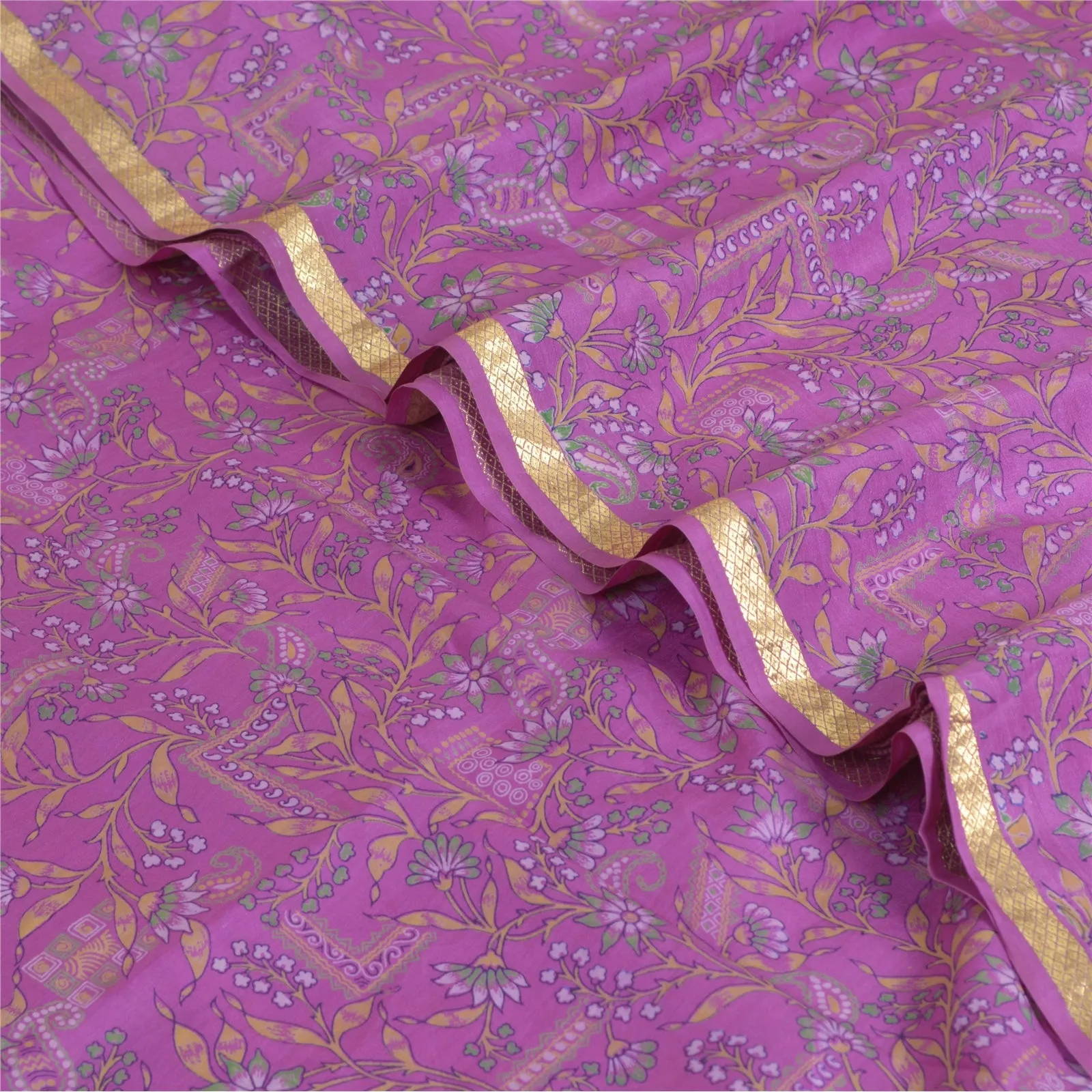 Sanskriti Vintage Sarees Purple Zari Border Pure Silk Printed Sari Craft Fabric