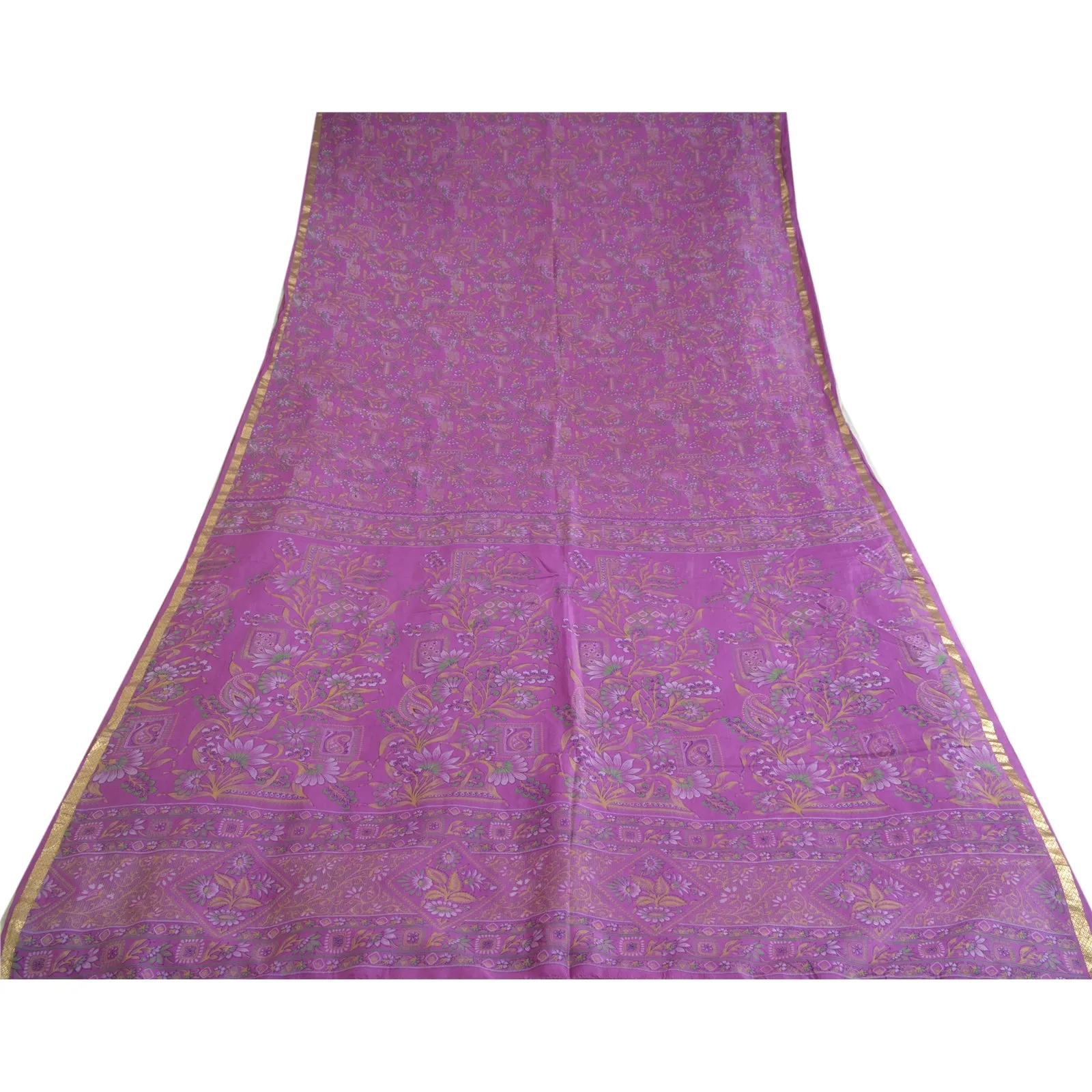 Sanskriti Vintage Sarees Purple Zari Border Pure Silk Printed Sari Craft Fabric