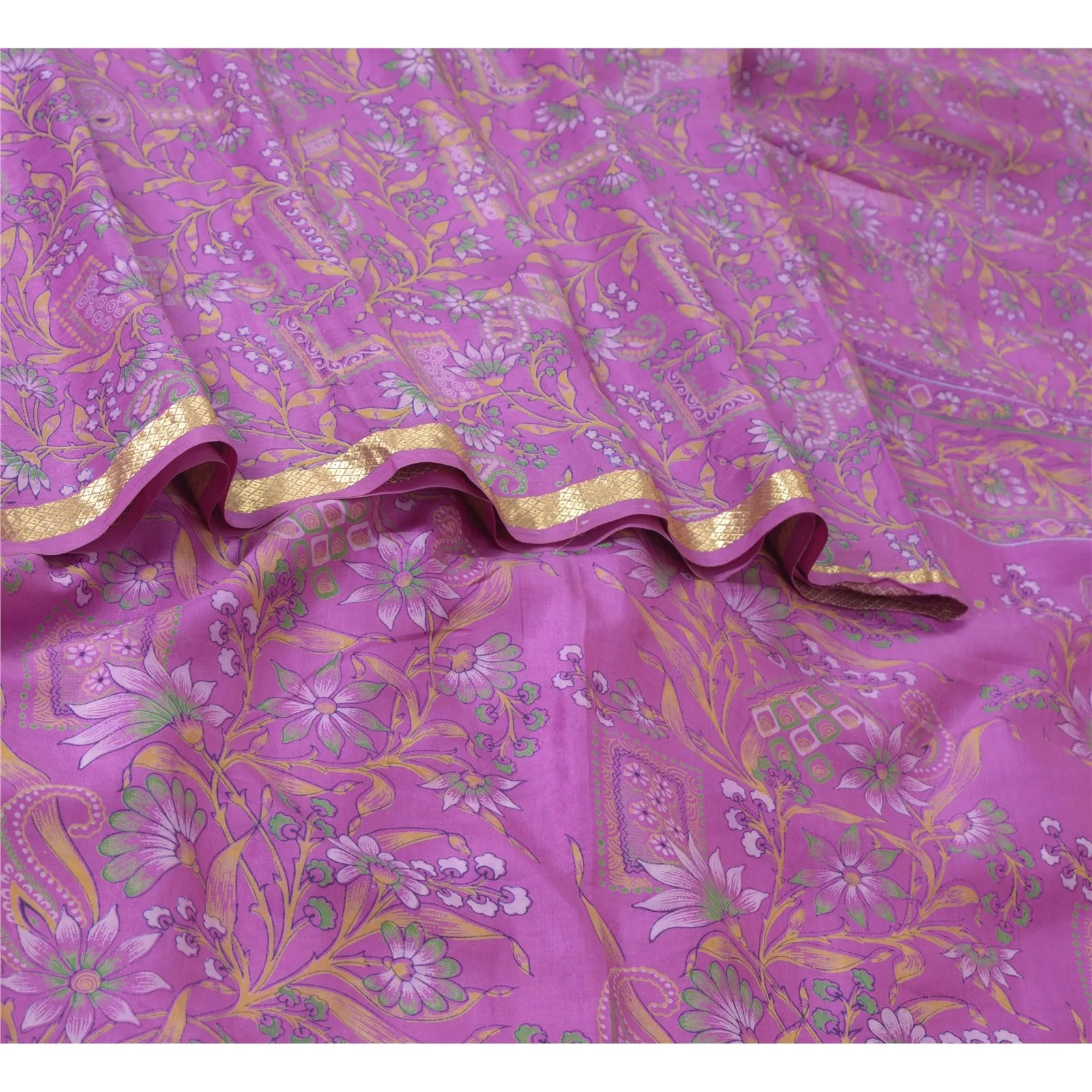 Sanskriti Vintage Sarees Purple Zari Border Pure Silk Printed Sari Craft Fabric