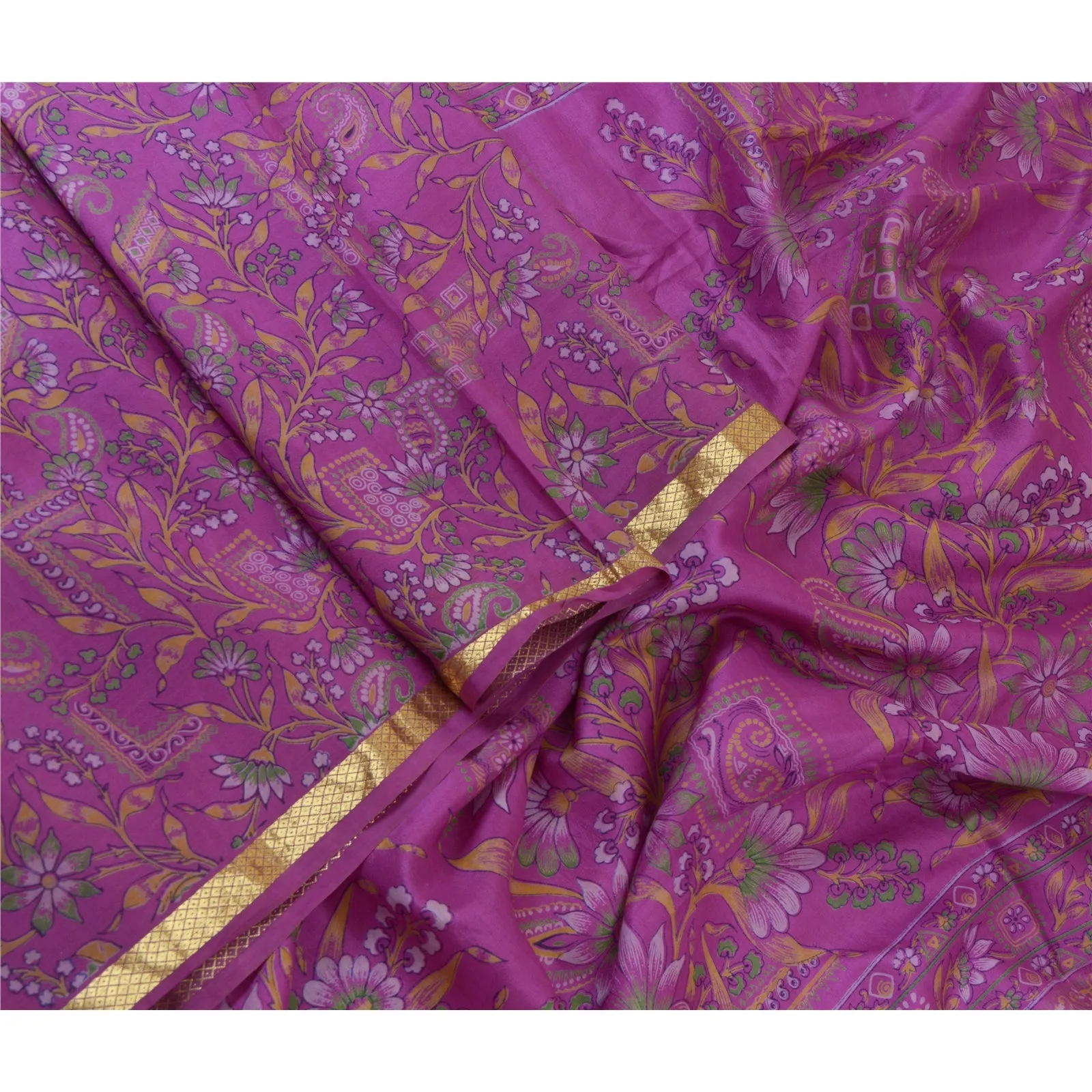 Sanskriti Vintage Sarees Purple Zari Border Pure Silk Printed Sari Craft Fabric