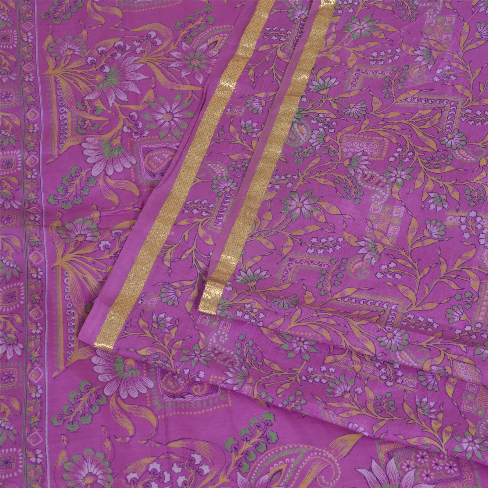 Sanskriti Vintage Sarees Purple Zari Border Pure Silk Printed Sari Craft Fabric