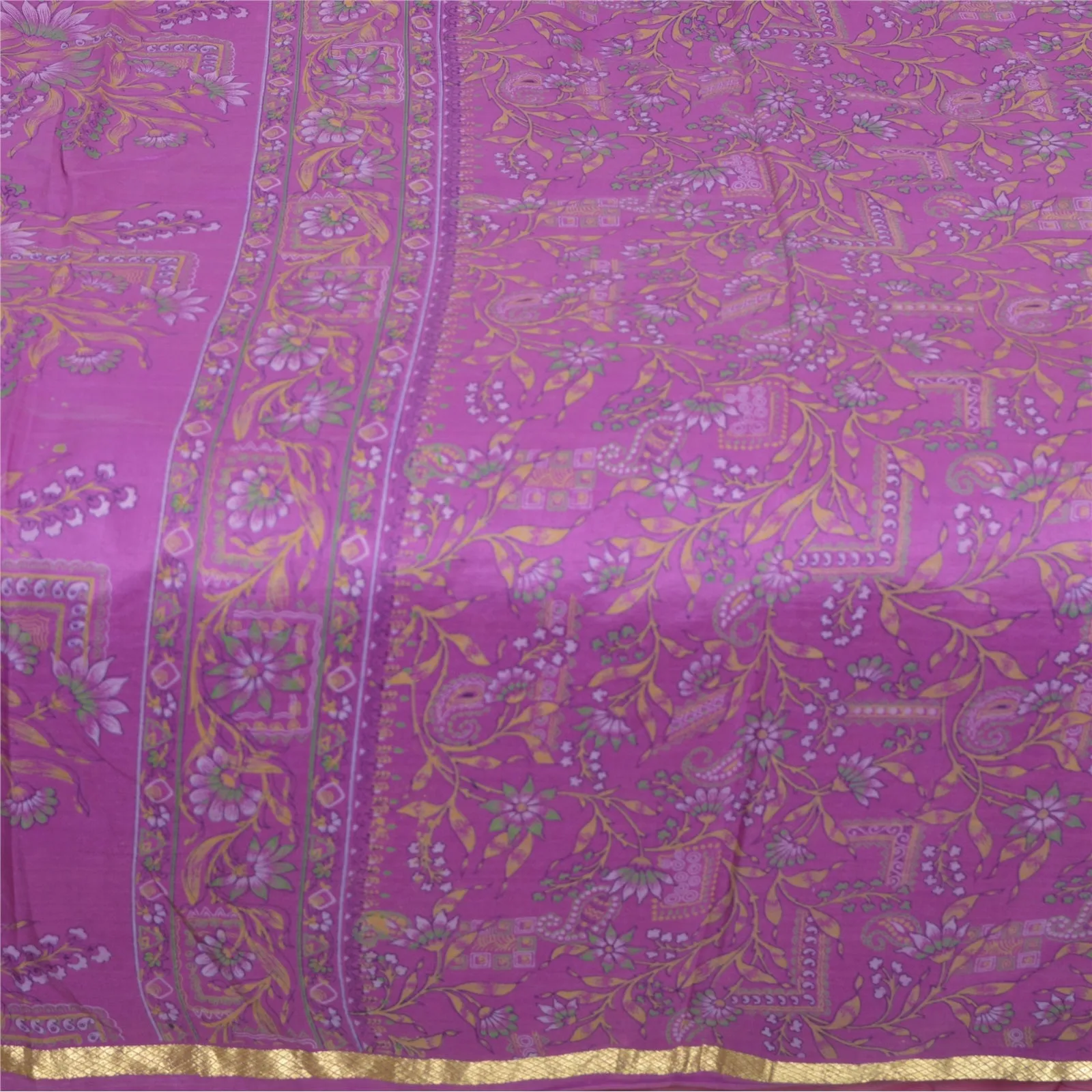 Sanskriti Vintage Sarees Purple Zari Border Pure Silk Printed Sari Craft Fabric