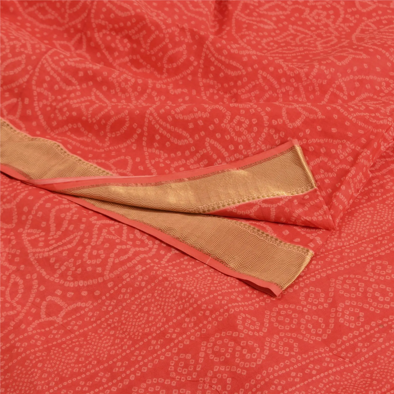 Sanskriti Vintage Sarees Red Bandhani Printed Pure Cotton Sari 5yd Craft Fabric