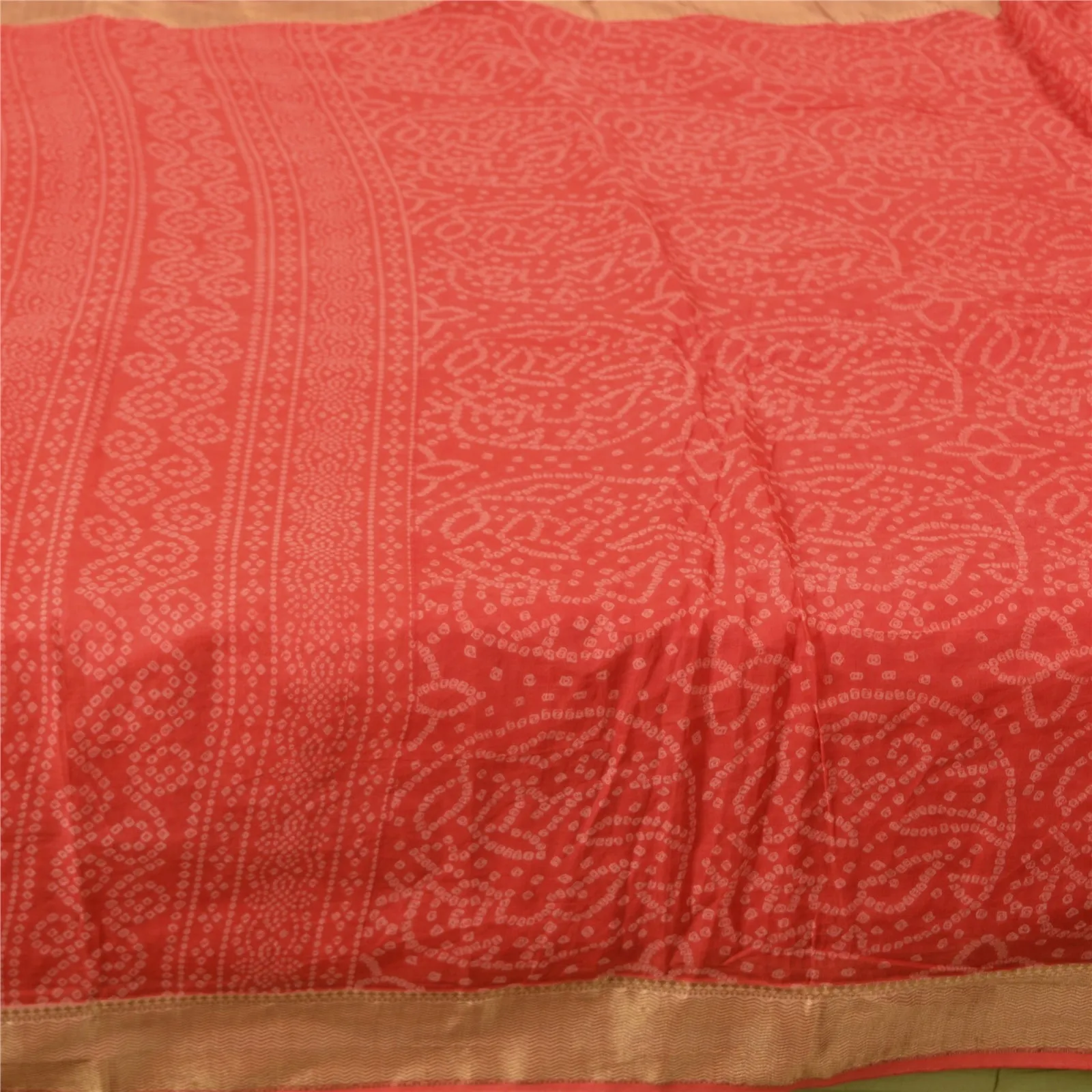 Sanskriti Vintage Sarees Red Bandhani Printed Pure Cotton Sari 5yd Craft Fabric