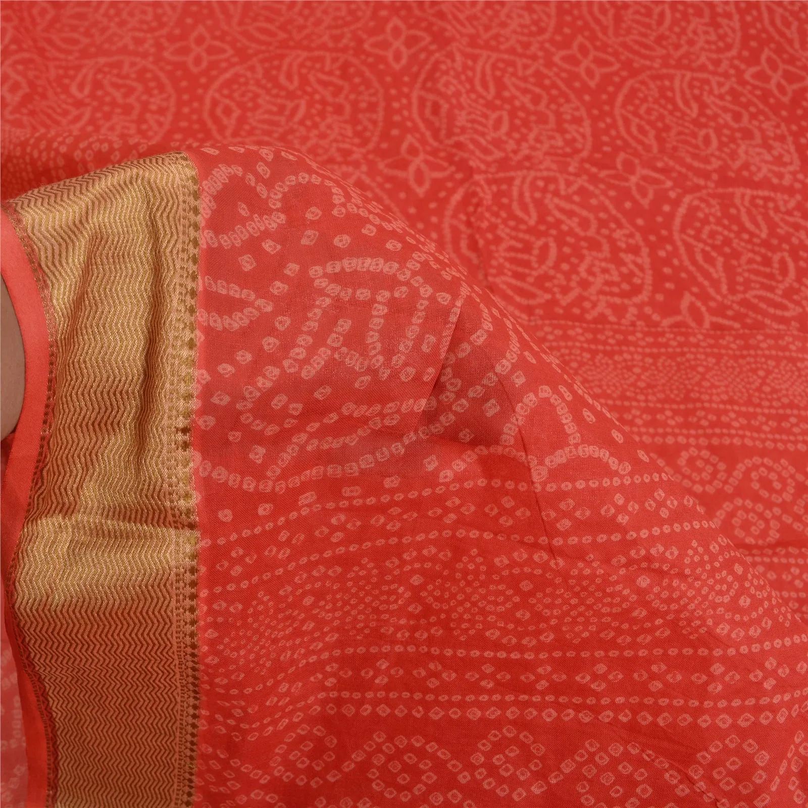 Sanskriti Vintage Sarees Red Bandhani Printed Pure Cotton Sari 5yd Craft Fabric