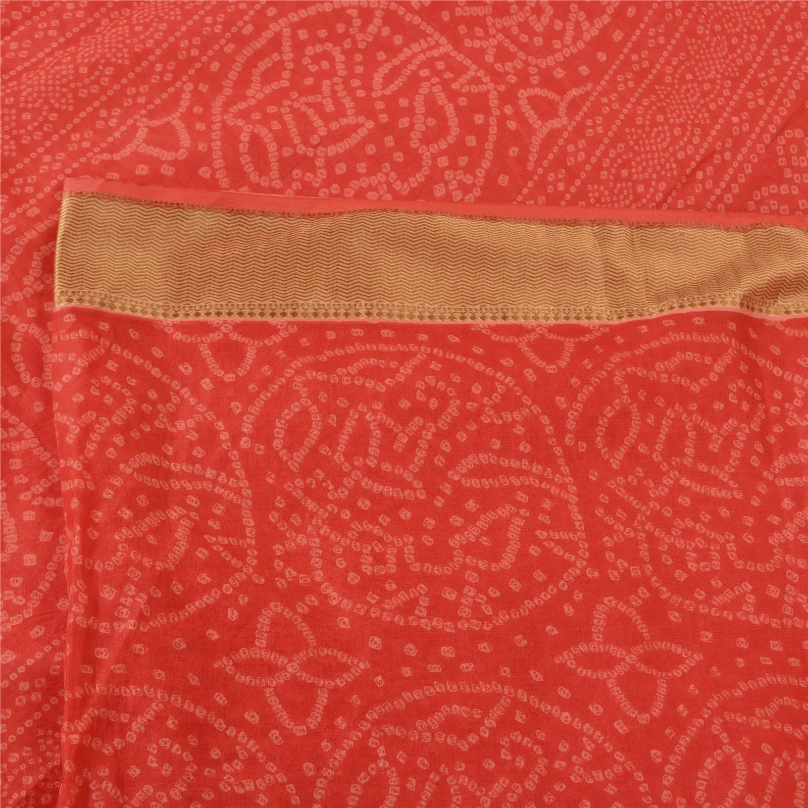 Sanskriti Vintage Sarees Red Bandhani Printed Pure Cotton Sari 5yd Craft Fabric