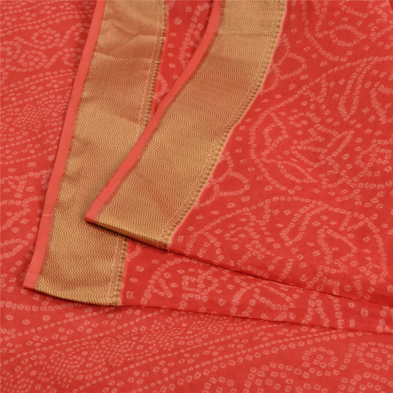 Sanskriti Vintage Sarees Red Bandhani Printed Pure Cotton Sari 5yd Craft Fabric