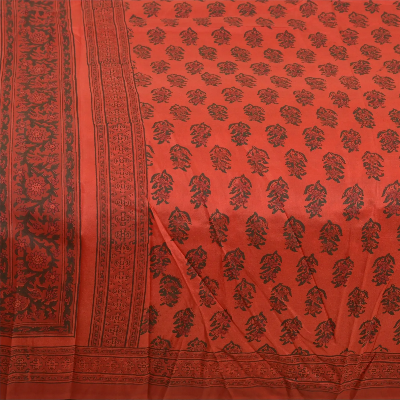 Sanskriti Vintage Sarees Red Block Printed Pure Silk Sari Soft 5yd Craft Fabric