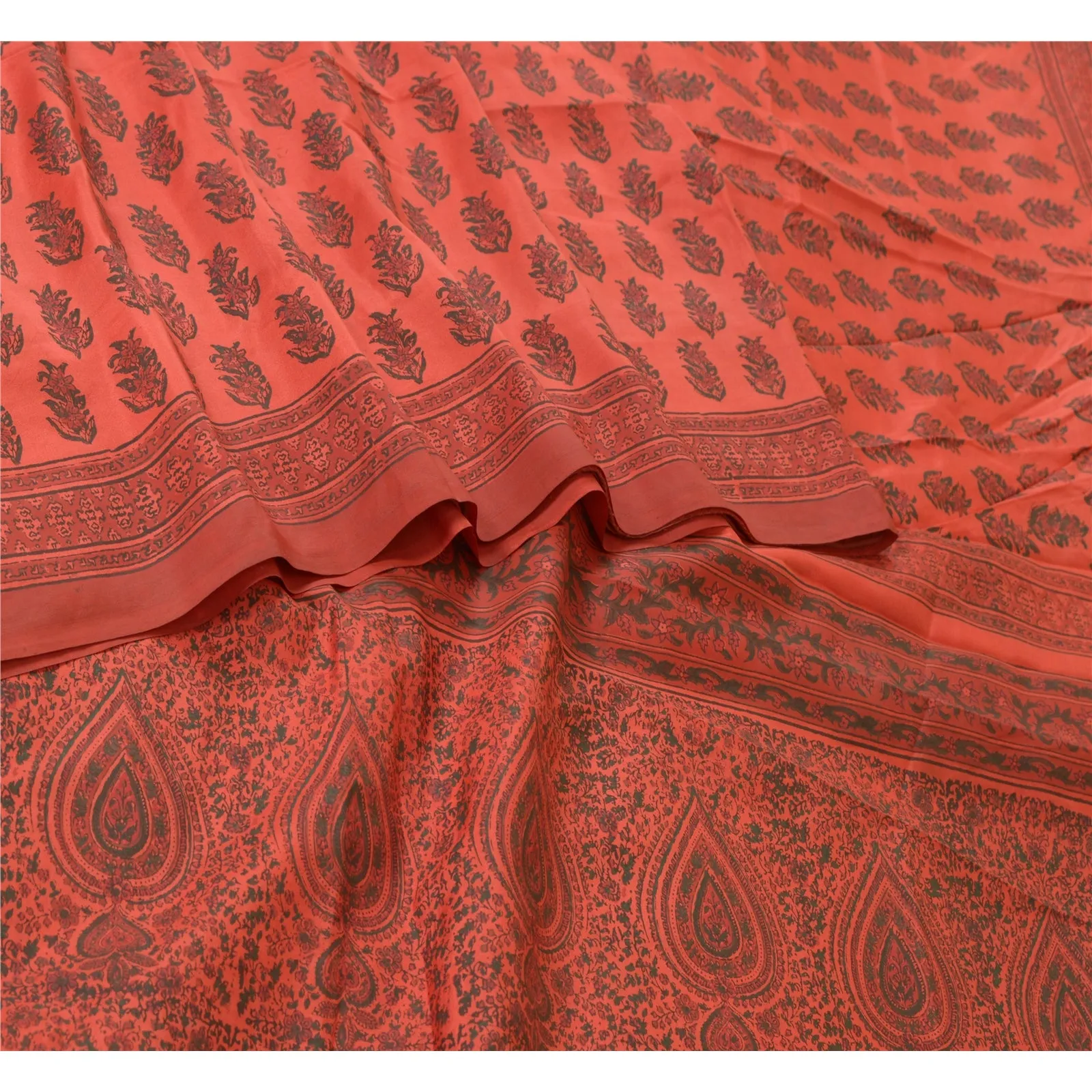 Sanskriti Vintage Sarees Red Block Printed Pure Silk Sari Soft 5yd Craft Fabric