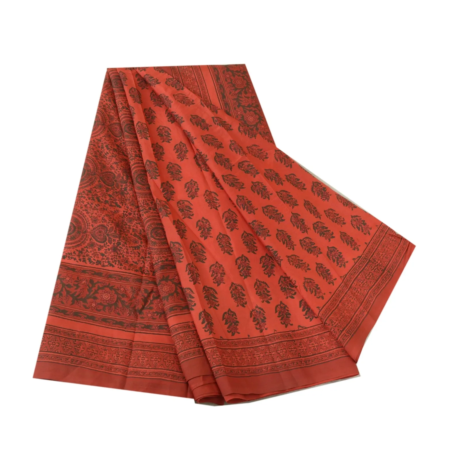 Sanskriti Vintage Sarees Red Block Printed Pure Silk Sari Soft 5yd Craft Fabric