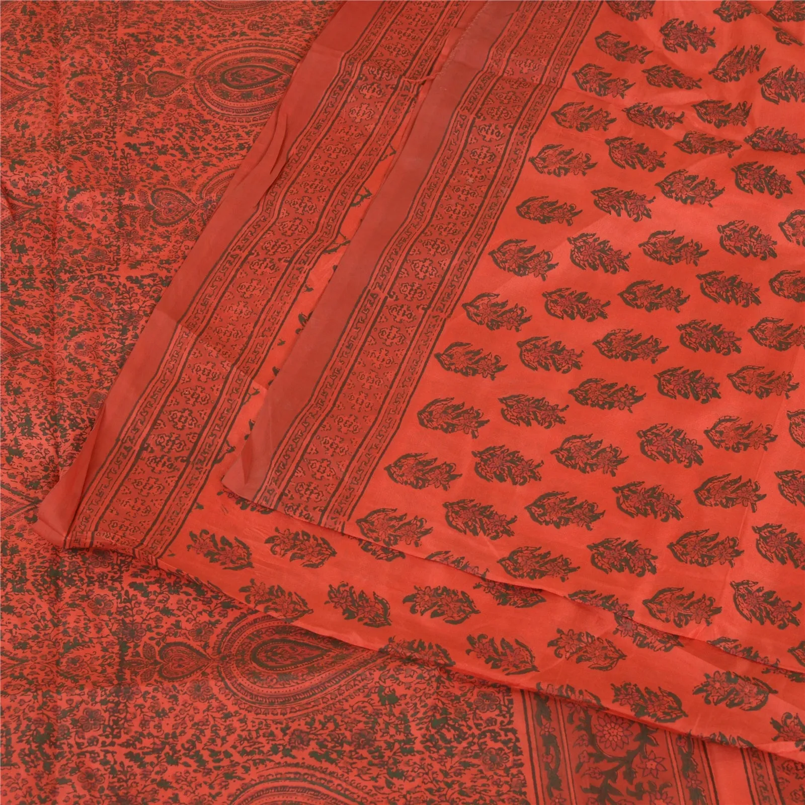 Sanskriti Vintage Sarees Red Block Printed Pure Silk Sari Soft 5yd Craft Fabric