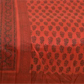 Sanskriti Vintage Sarees Red Block Printed Pure Silk Sari Soft 5yd Craft Fabric