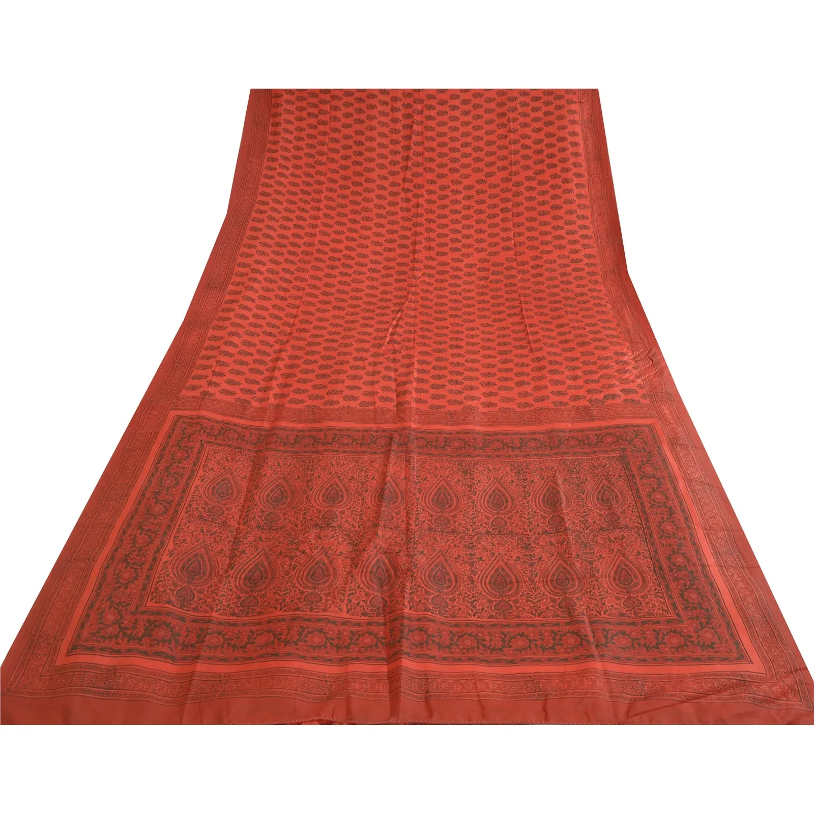 Sanskriti Vintage Sarees Red Block Printed Pure Silk Sari Soft 5yd Craft Fabric