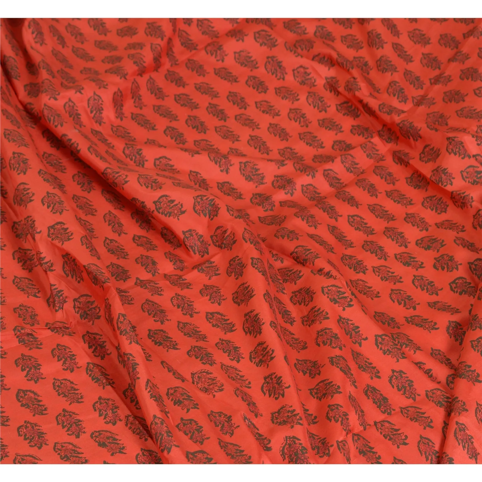 Sanskriti Vintage Sarees Red Block Printed Pure Silk Sari Soft 5yd Craft Fabric