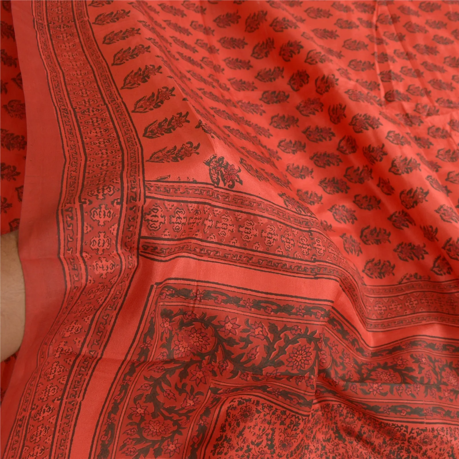 Sanskriti Vintage Sarees Red Block Printed Pure Silk Sari Soft 5yd Craft Fabric