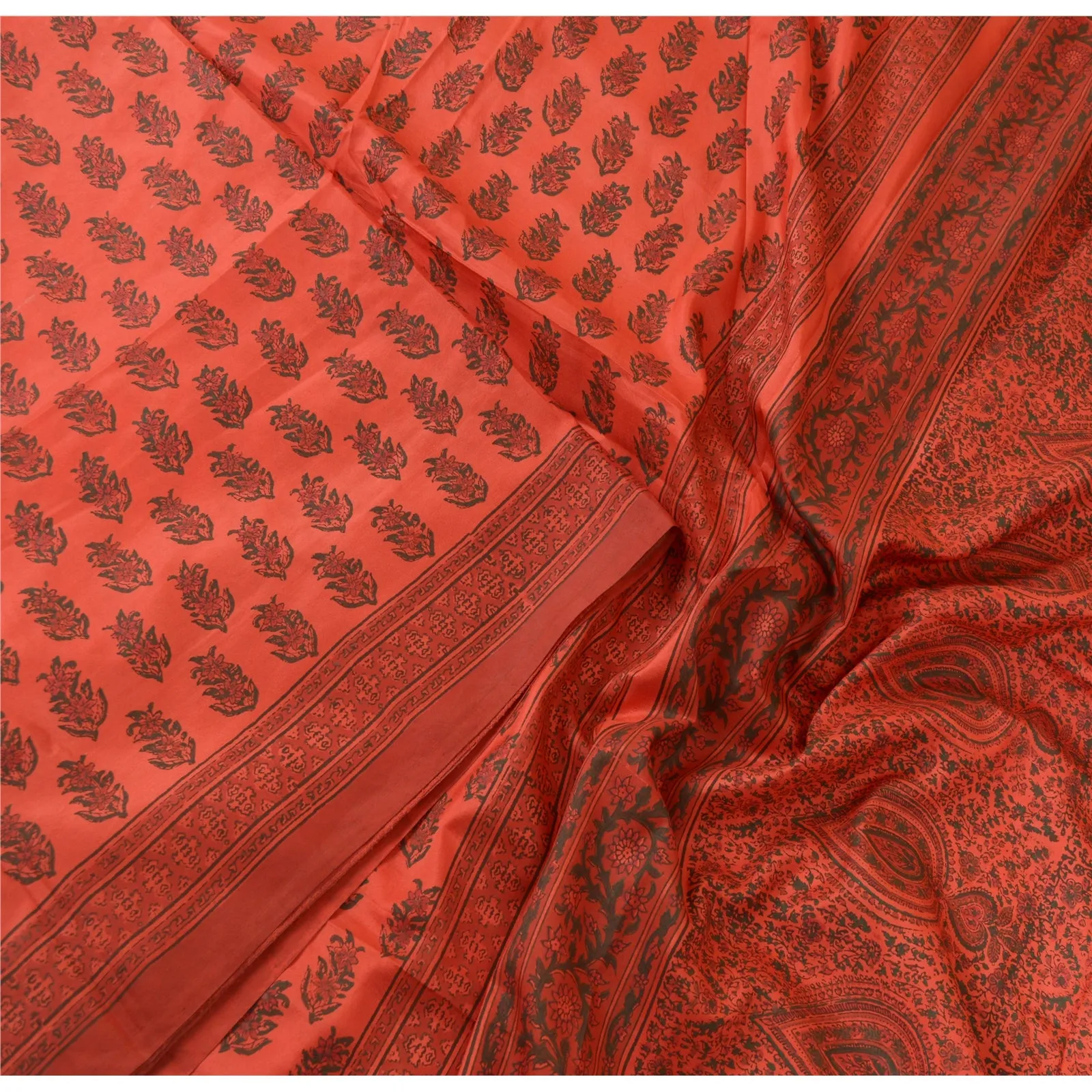 Sanskriti Vintage Sarees Red Block Printed Pure Silk Sari Soft 5yd Craft Fabric