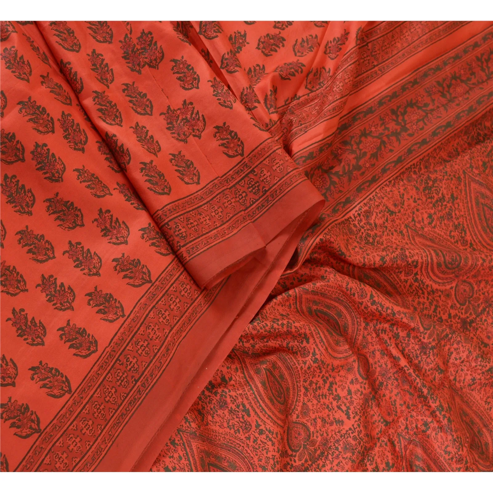 Sanskriti Vintage Sarees Red Block Printed Pure Silk Sari Soft 5yd Craft Fabric