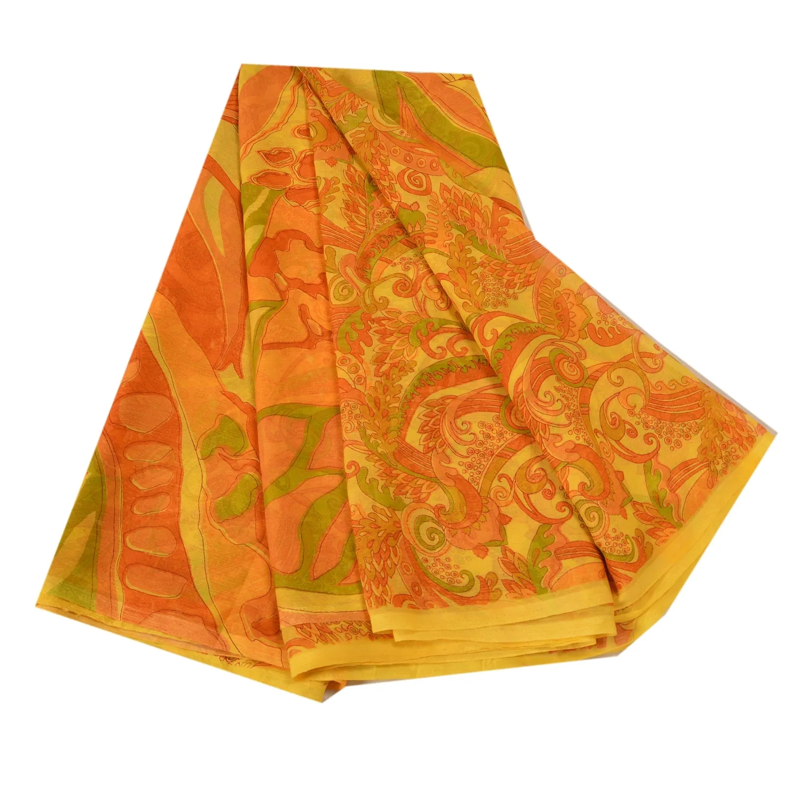 Sanskriti Vintage Sarees Yellow Pure Chiffon Silk Printed Sari Soft Craft Fabric