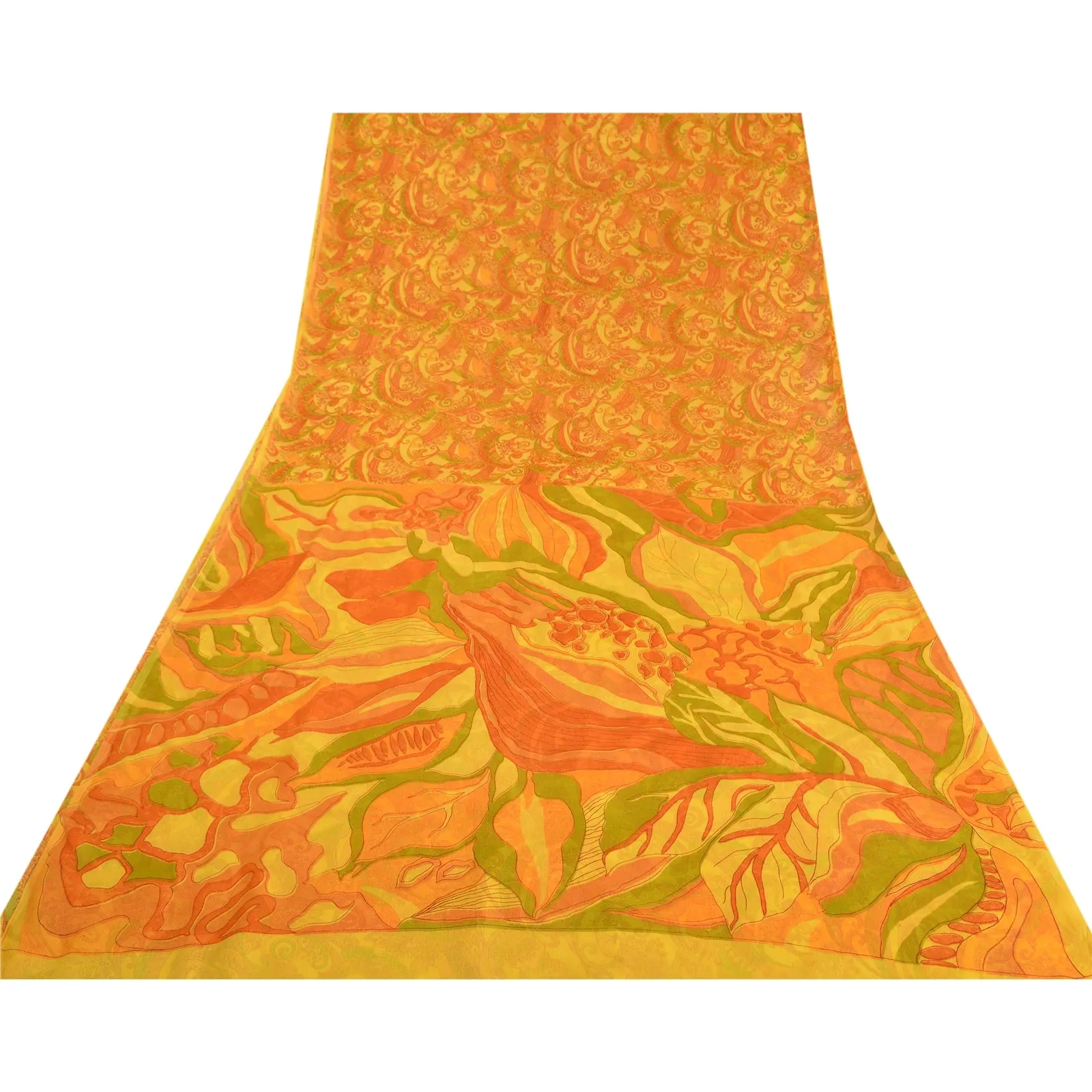 Sanskriti Vintage Sarees Yellow Pure Chiffon Silk Printed Sari Soft Craft Fabric