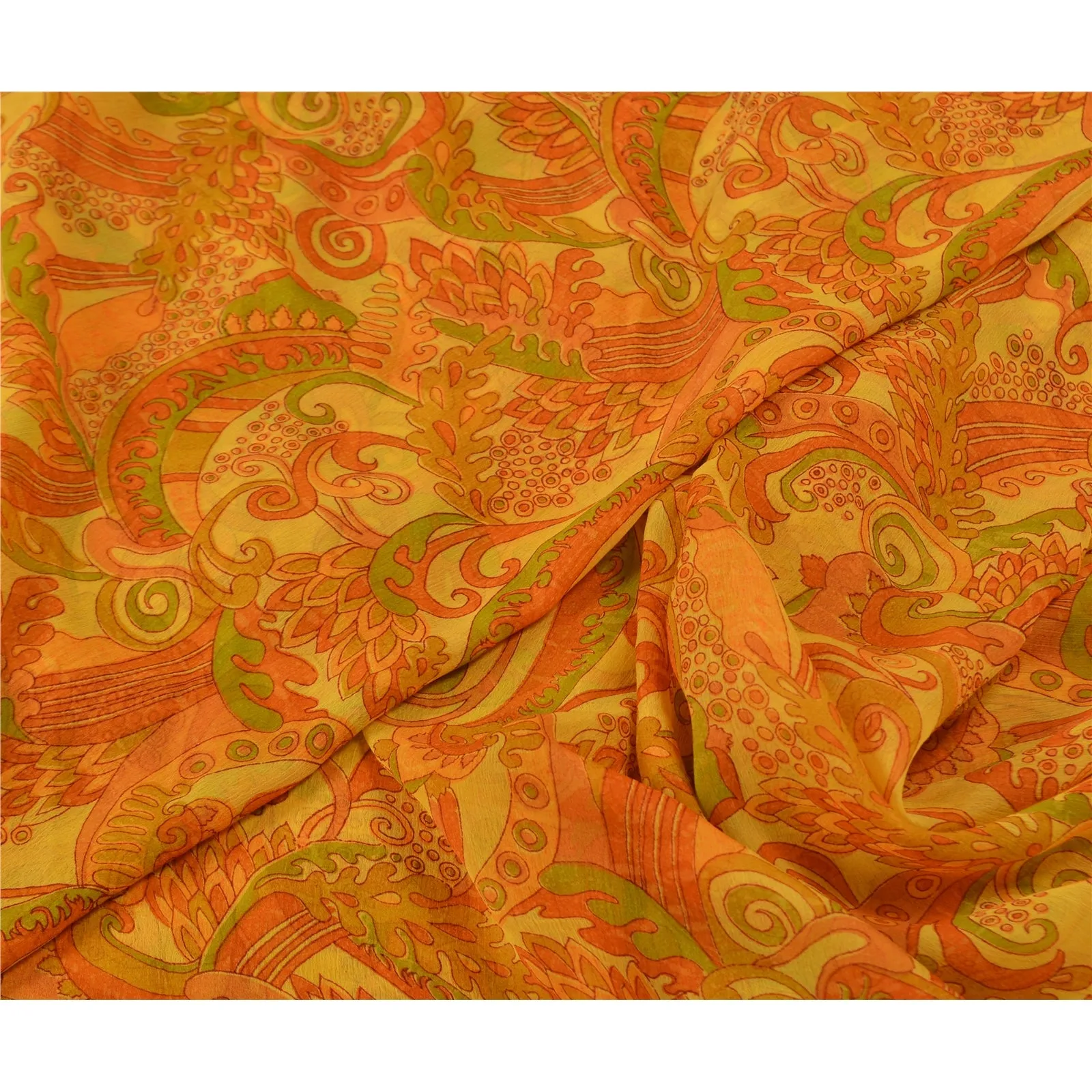 Sanskriti Vintage Sarees Yellow Pure Chiffon Silk Printed Sari Soft Craft Fabric