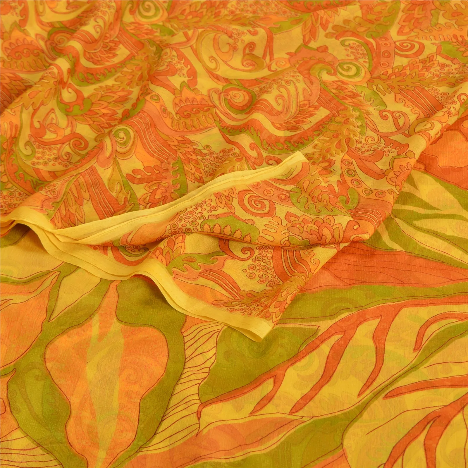 Sanskriti Vintage Sarees Yellow Pure Chiffon Silk Printed Sari Soft Craft Fabric