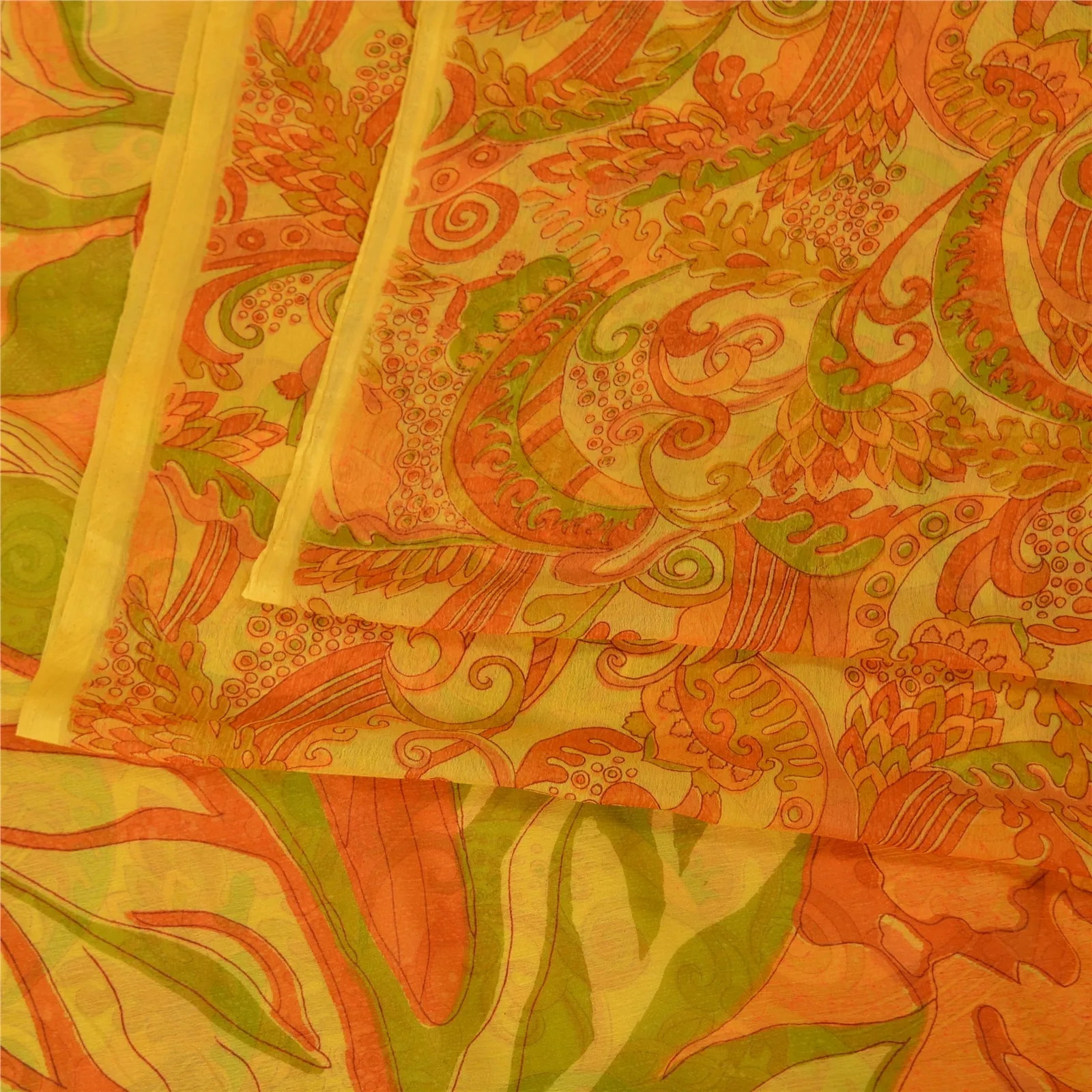 Sanskriti Vintage Sarees Yellow Pure Chiffon Silk Printed Sari Soft Craft Fabric