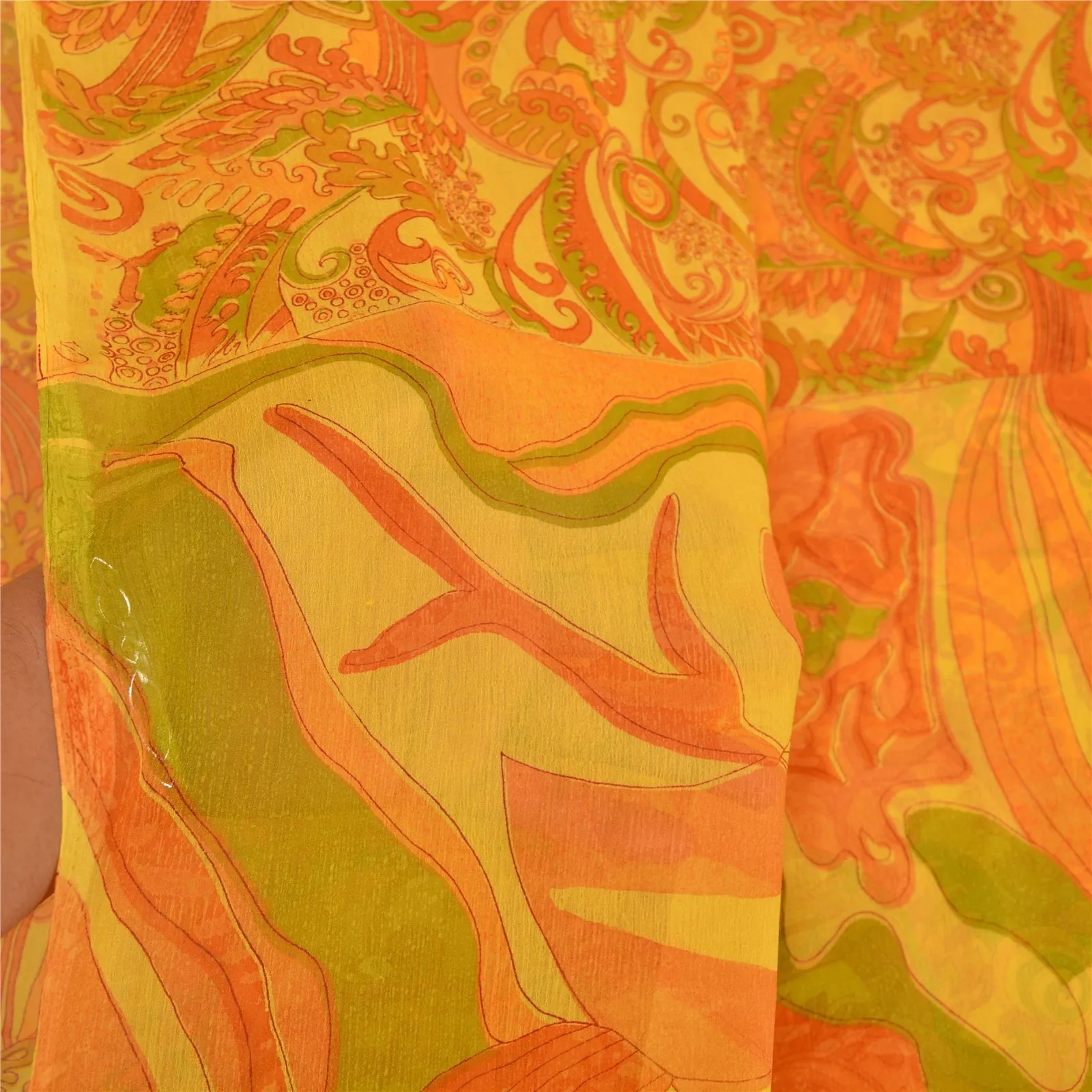 Sanskriti Vintage Sarees Yellow Pure Chiffon Silk Printed Sari Soft Craft Fabric