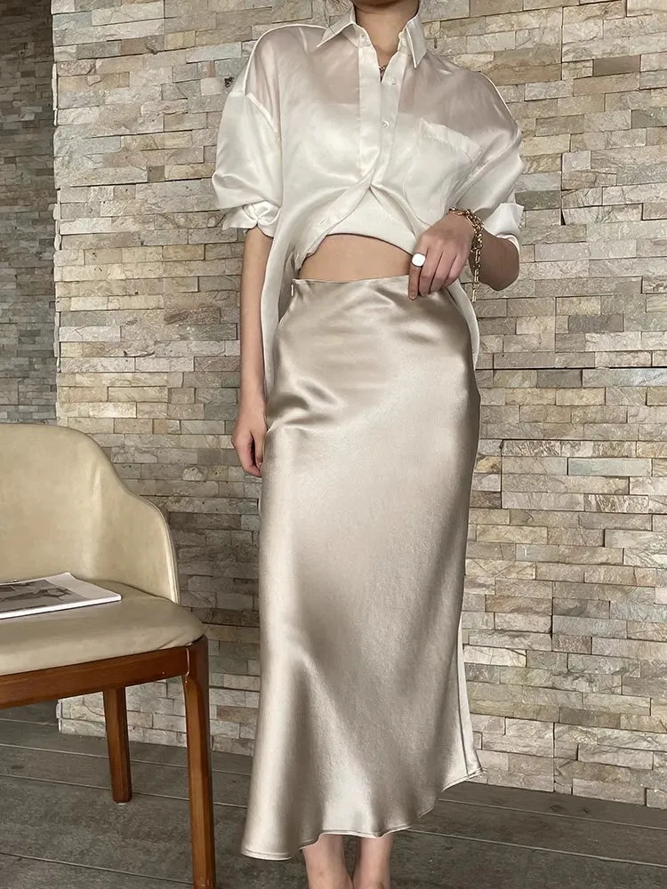 Silk Satin Skirts Korean Style High Waist A-line Elegant Long Pencil