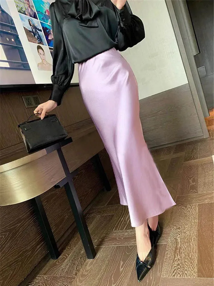 Silk Satin Skirts Korean Style High Waist A-line Elegant Long Pencil