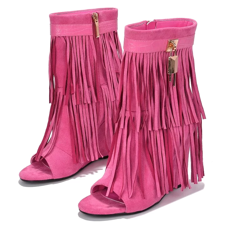 Summer Cowgirl Boots Tassle Peep Toe Summer Boots For Women Lock Decor Zipper Wedges Fringe