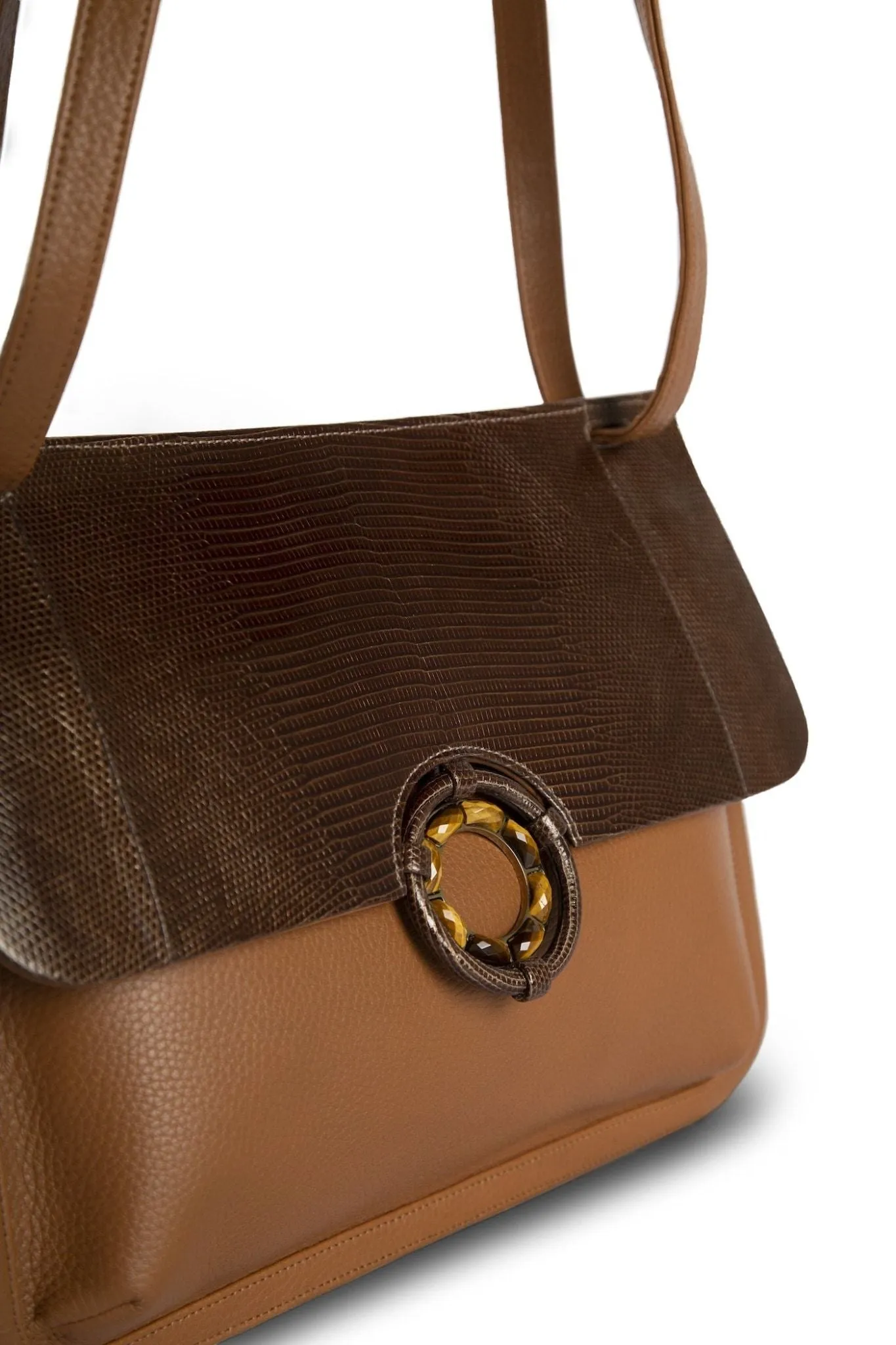 Sydney Saddle Bag - Cognac Lizard & Leather, Tiger Eye Grommet