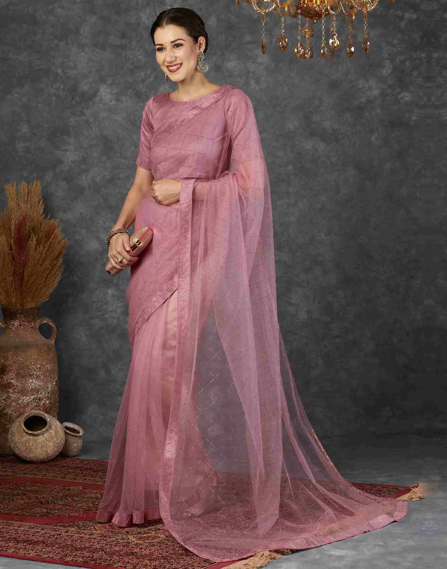 Taffy Pink Net Plain Printed Saree