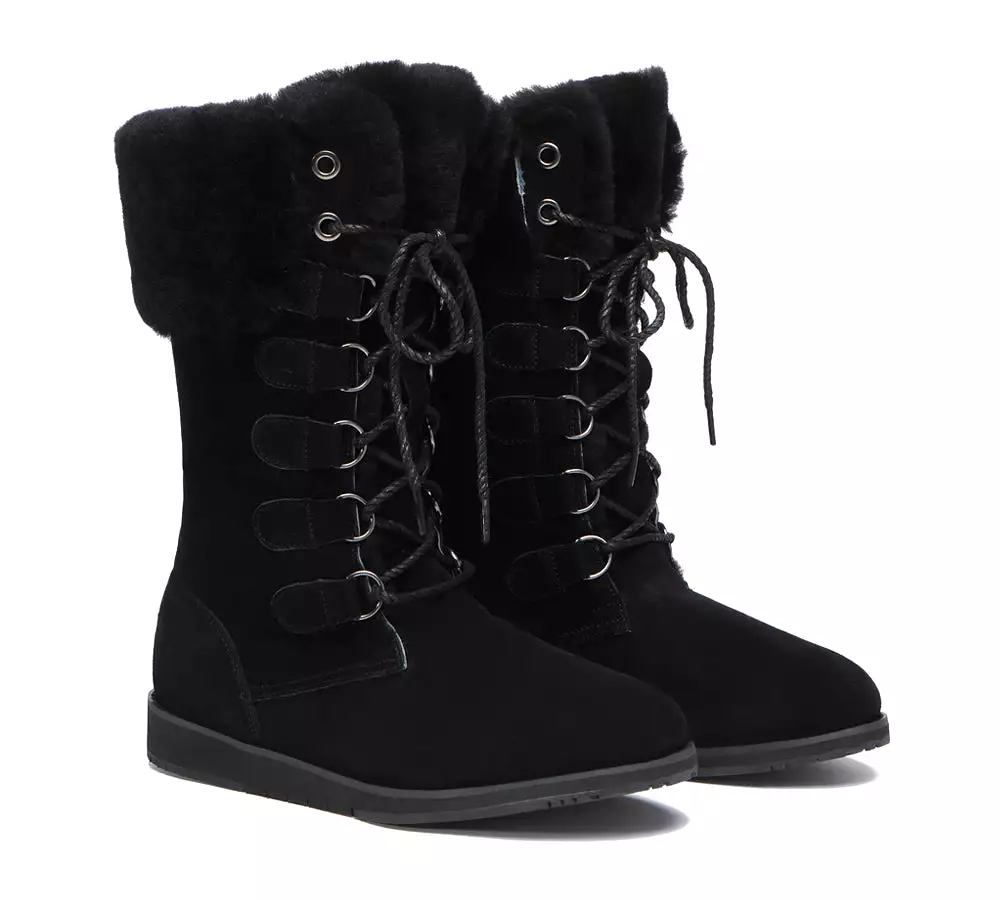 TARRAMARRA Lace Up Mid Calf Fashion Sheepskin Women Boots Becky