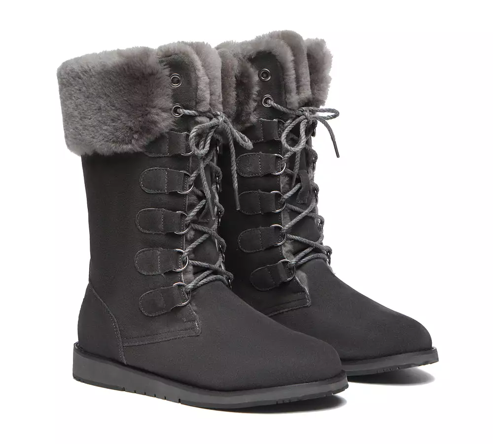 TARRAMARRA Lace Up Mid Calf Fashion Sheepskin Women Boots Becky