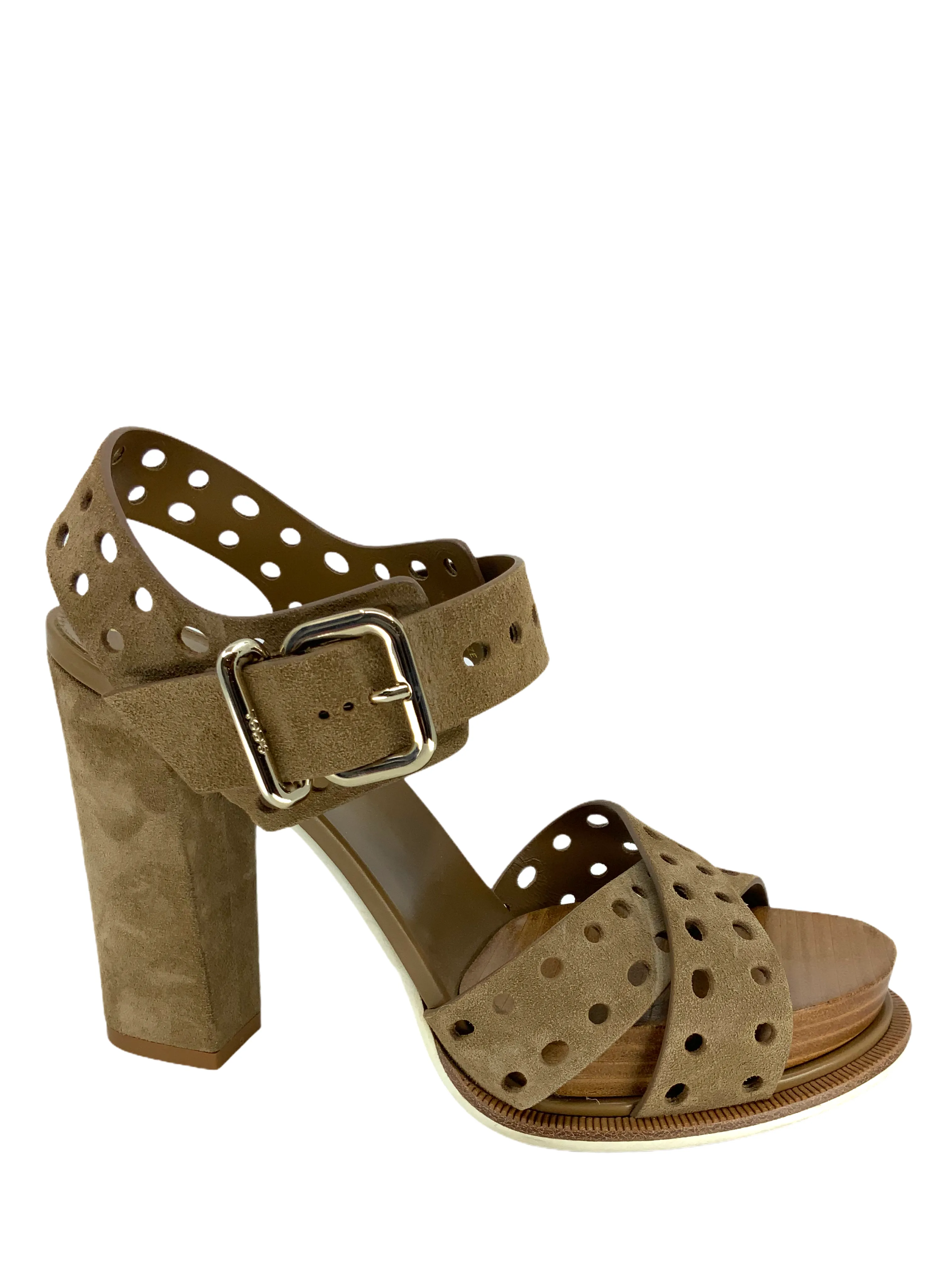 Tod's Perforated Suede Block Heel Sandal Size 7