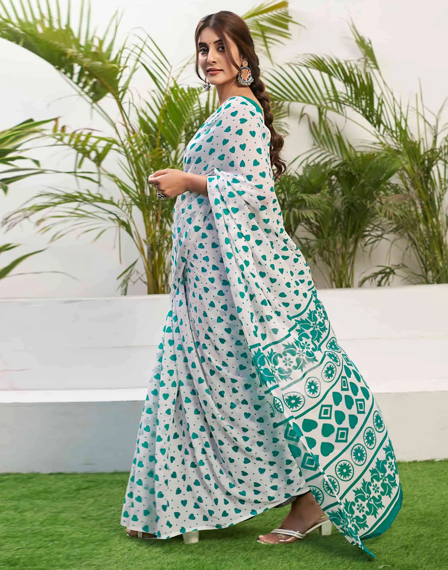 Turquoise Chiffon Printed Saree