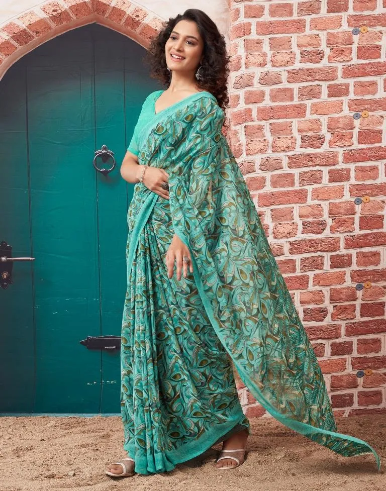 Turquoise  Georgette Printed Sarees