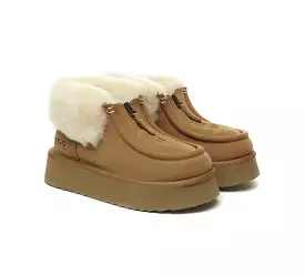 UGG AUSTRALIAN SHEPHERD Sheepskin Wool Collar Zipper Platform Mini Ankle Boots