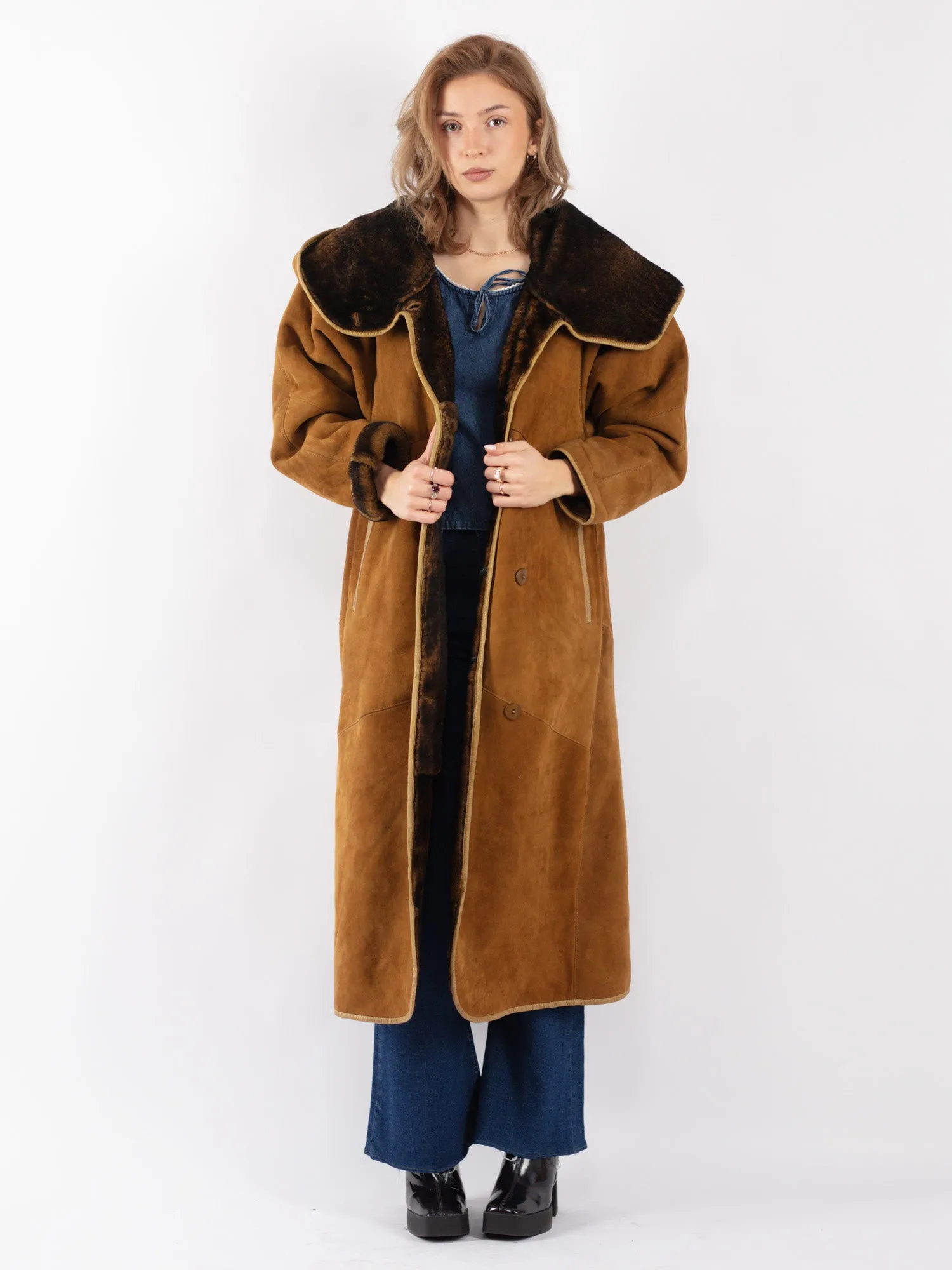 Vintage 70's Women Hooded Sheepskin Long Coat in Brown