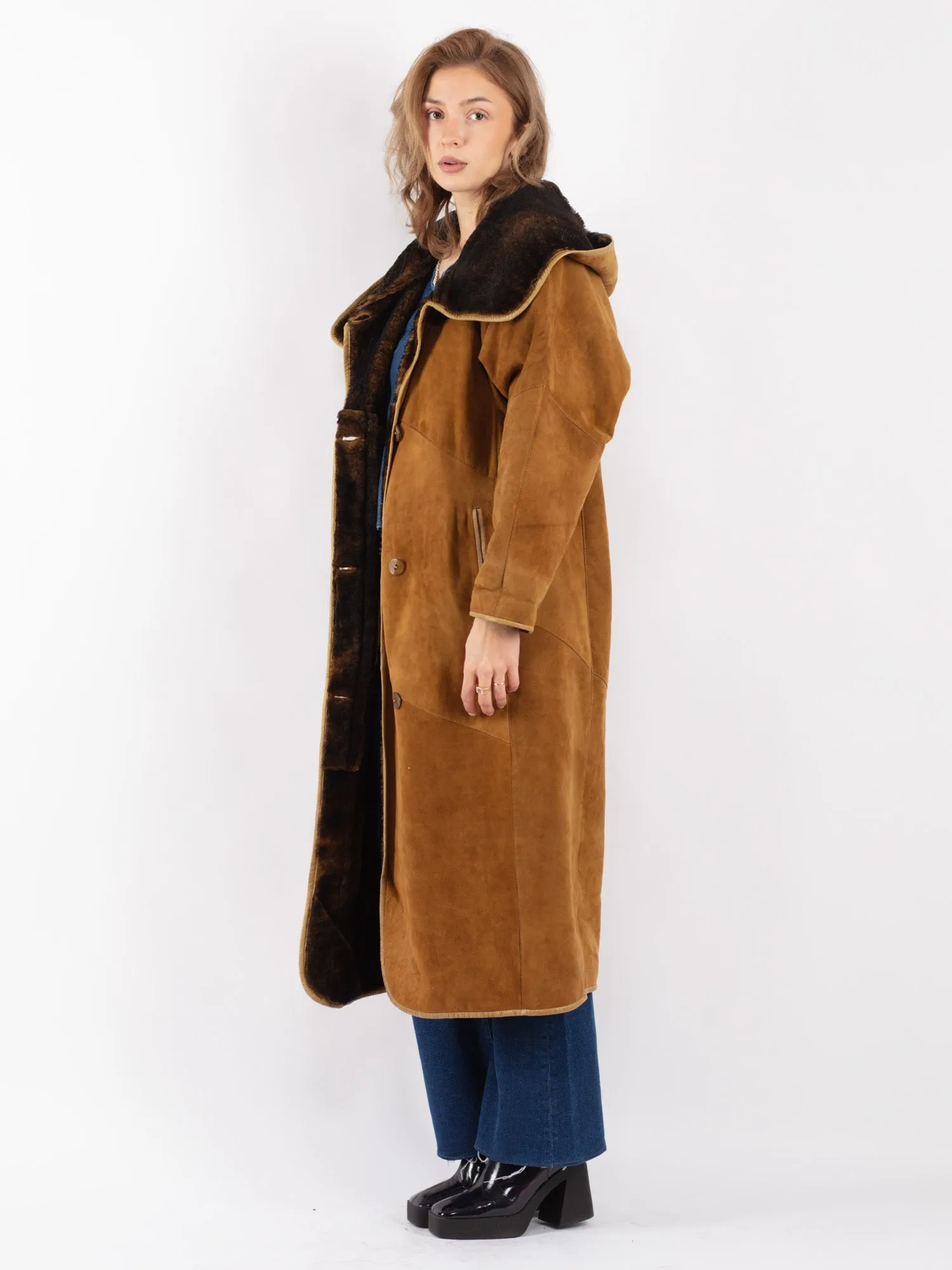 Vintage 70's Women Hooded Sheepskin Long Coat in Brown