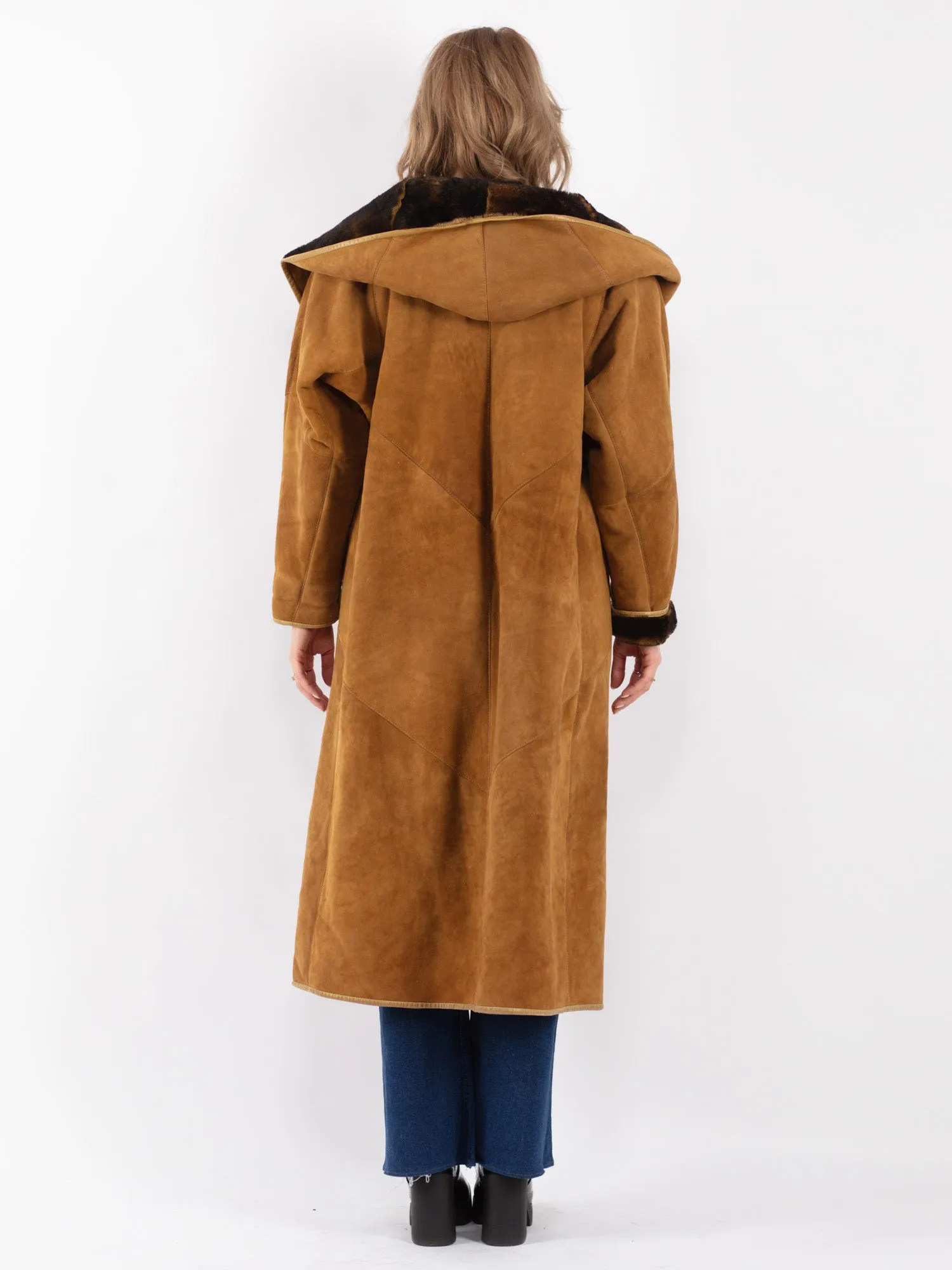 Vintage 70's Women Hooded Sheepskin Long Coat in Brown