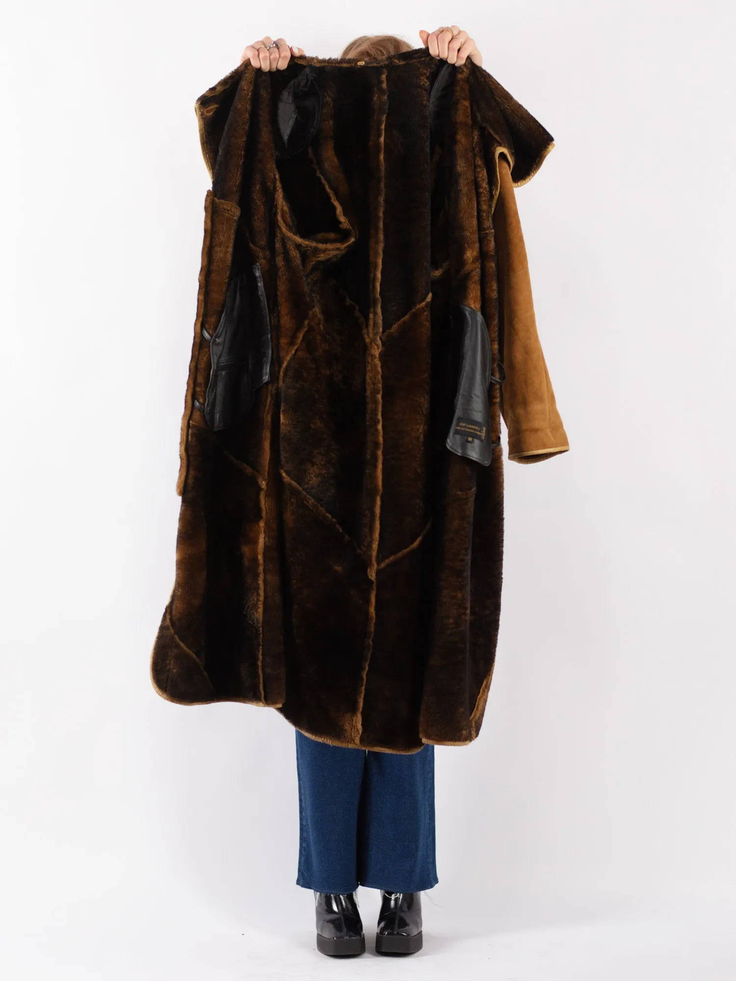 Vintage 70's Women Hooded Sheepskin Long Coat in Brown