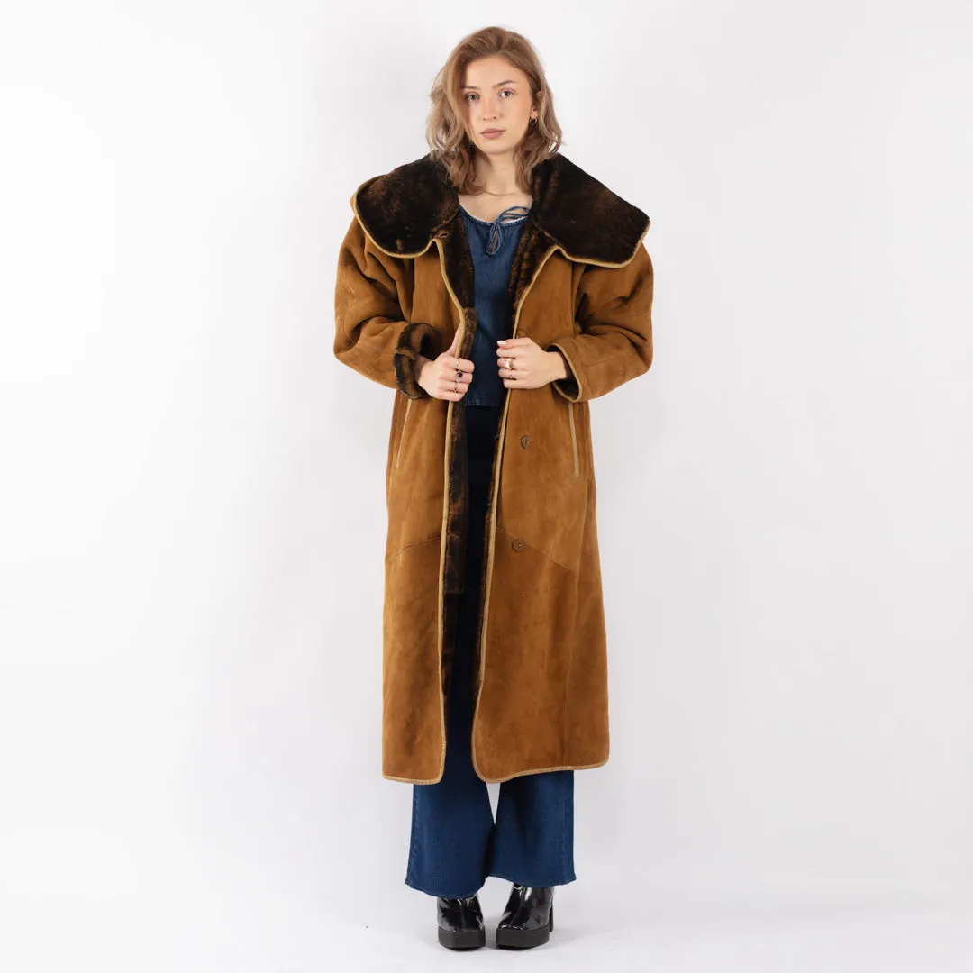 Vintage 70's Women Hooded Sheepskin Long Coat in Brown