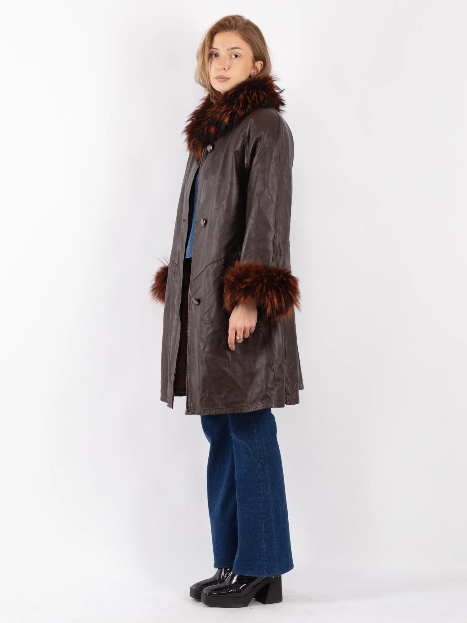 Vintage 70's Women Leather Fur Coat in Brown