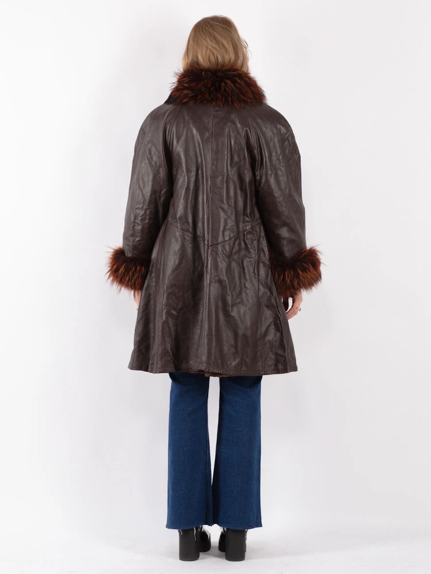 Vintage 70's Women Leather Fur Coat in Brown