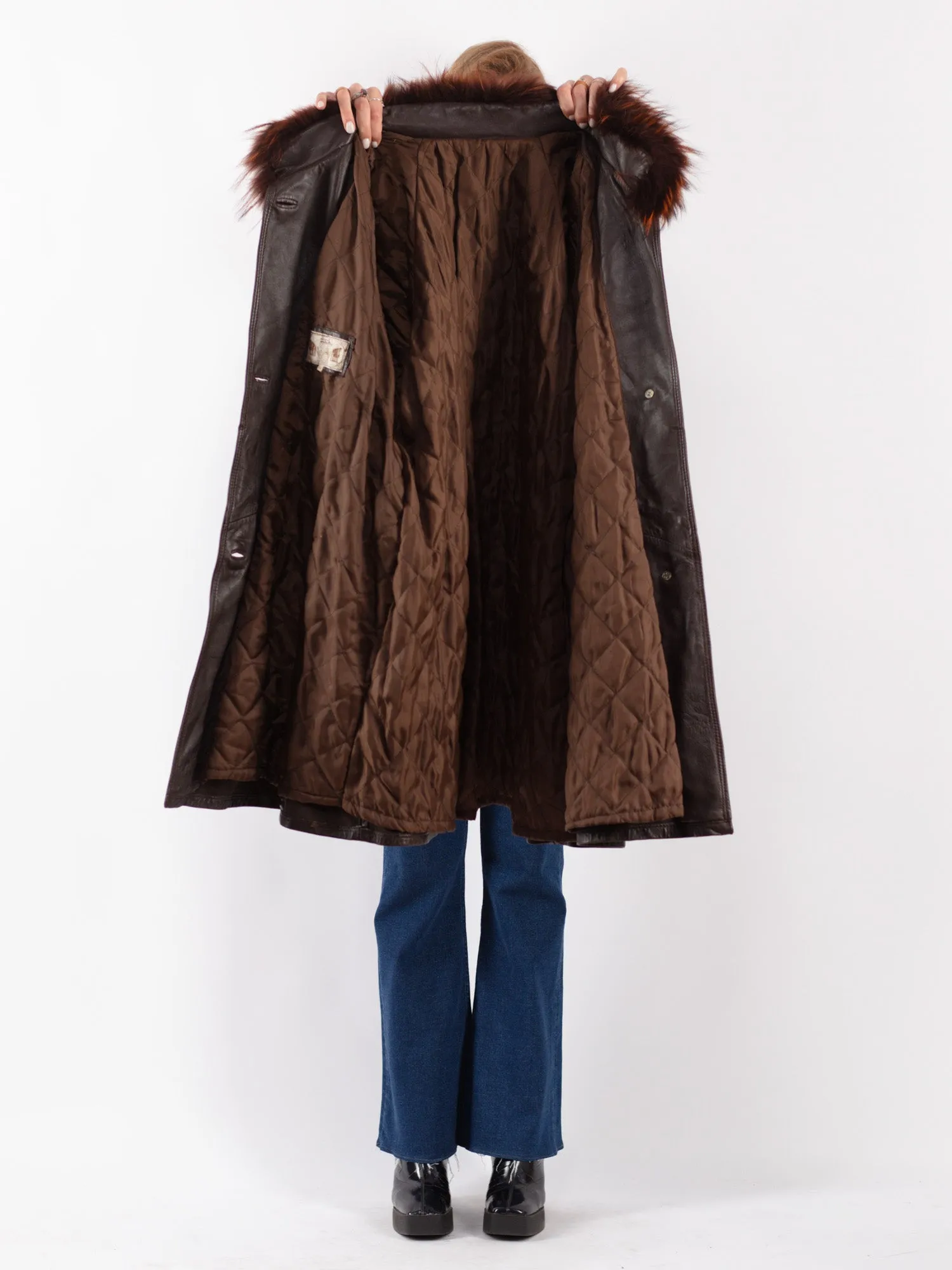 Vintage 70's Women Leather Fur Coat in Brown