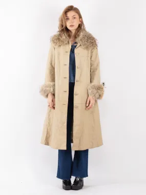 Vintage 70's Women Leather Fur Long Coat in Beige