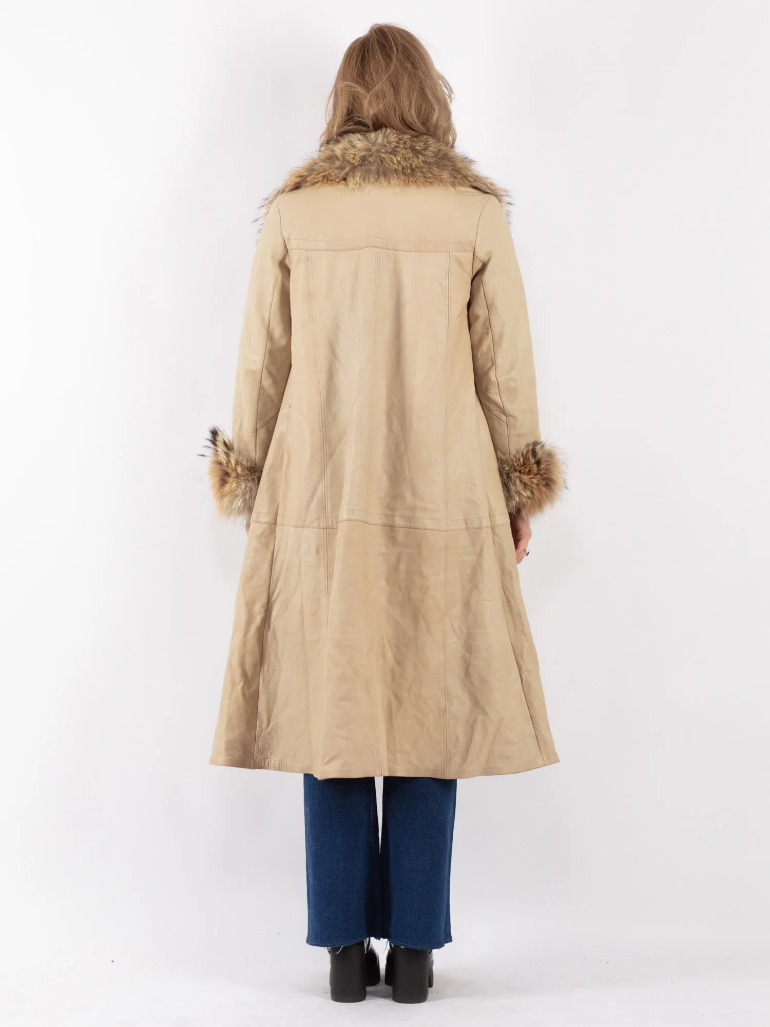 Vintage 70's Women Leather Fur Long Coat in Beige