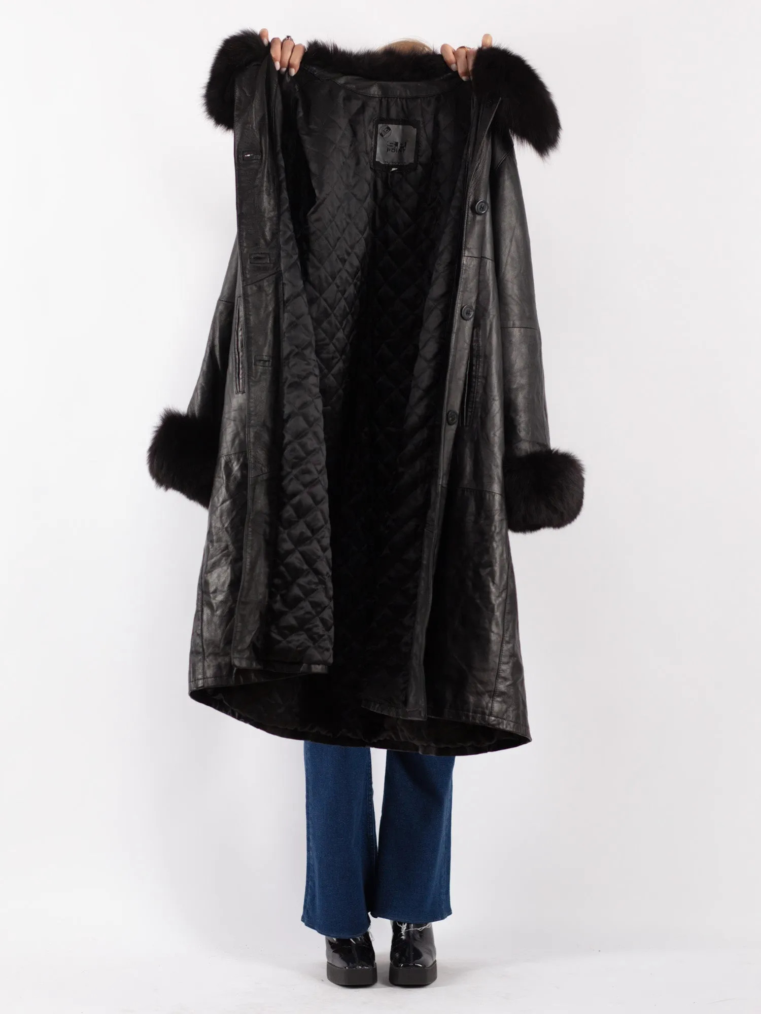 Vintage 70's Women Leather Fur Long Coat in Black